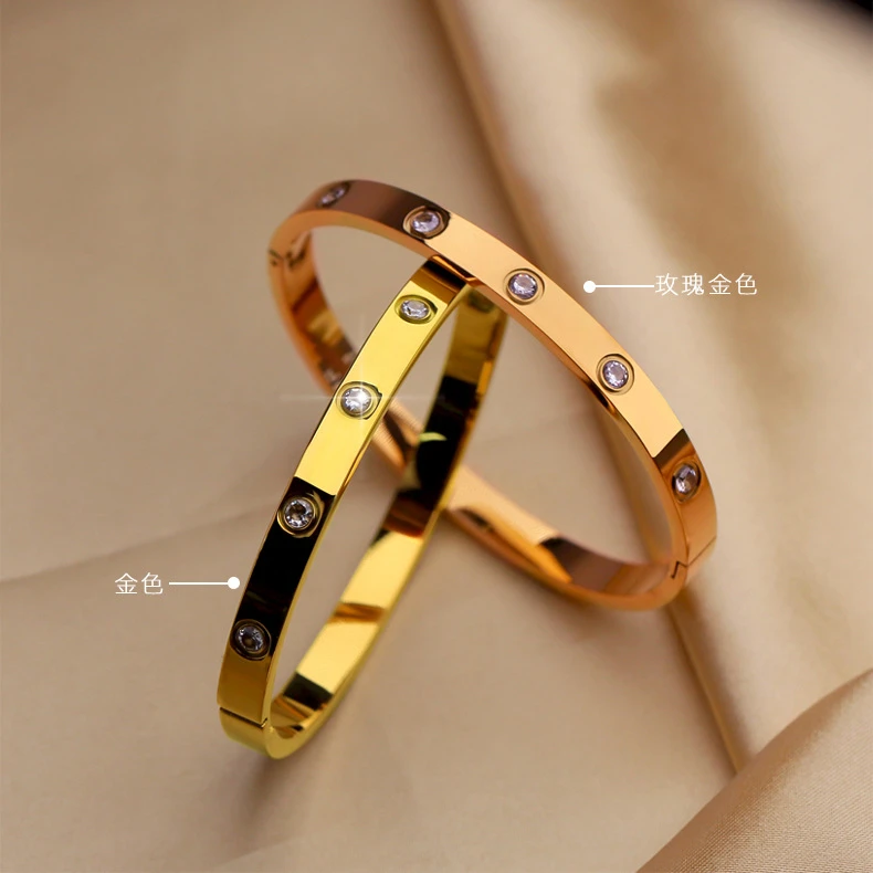 钛钢手镯 经典玫瑰金色满钻轻奢高级感手环k设计开口极简风时尚