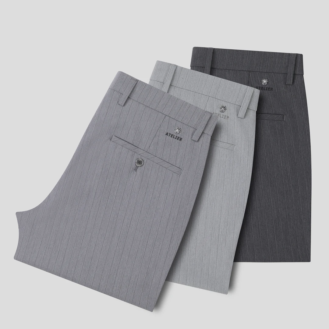 VUJ竖条夏薄款男士休闲裤86222裤子男款修身透气夏季商务休闲裤