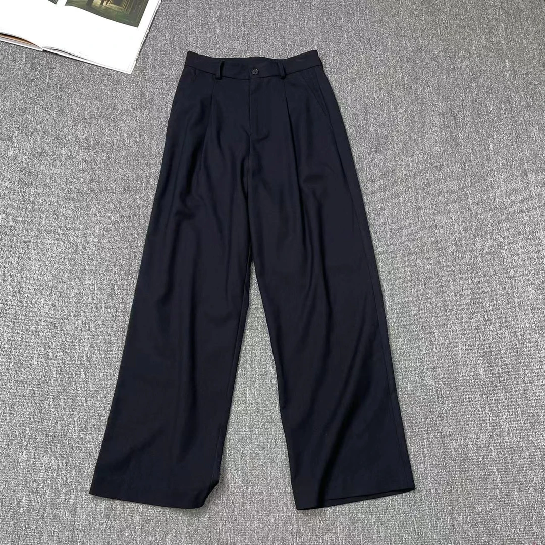 81380余小鱼 藏青色简约纯色褶皱设计高腰直筒阔腿休闲裤女装