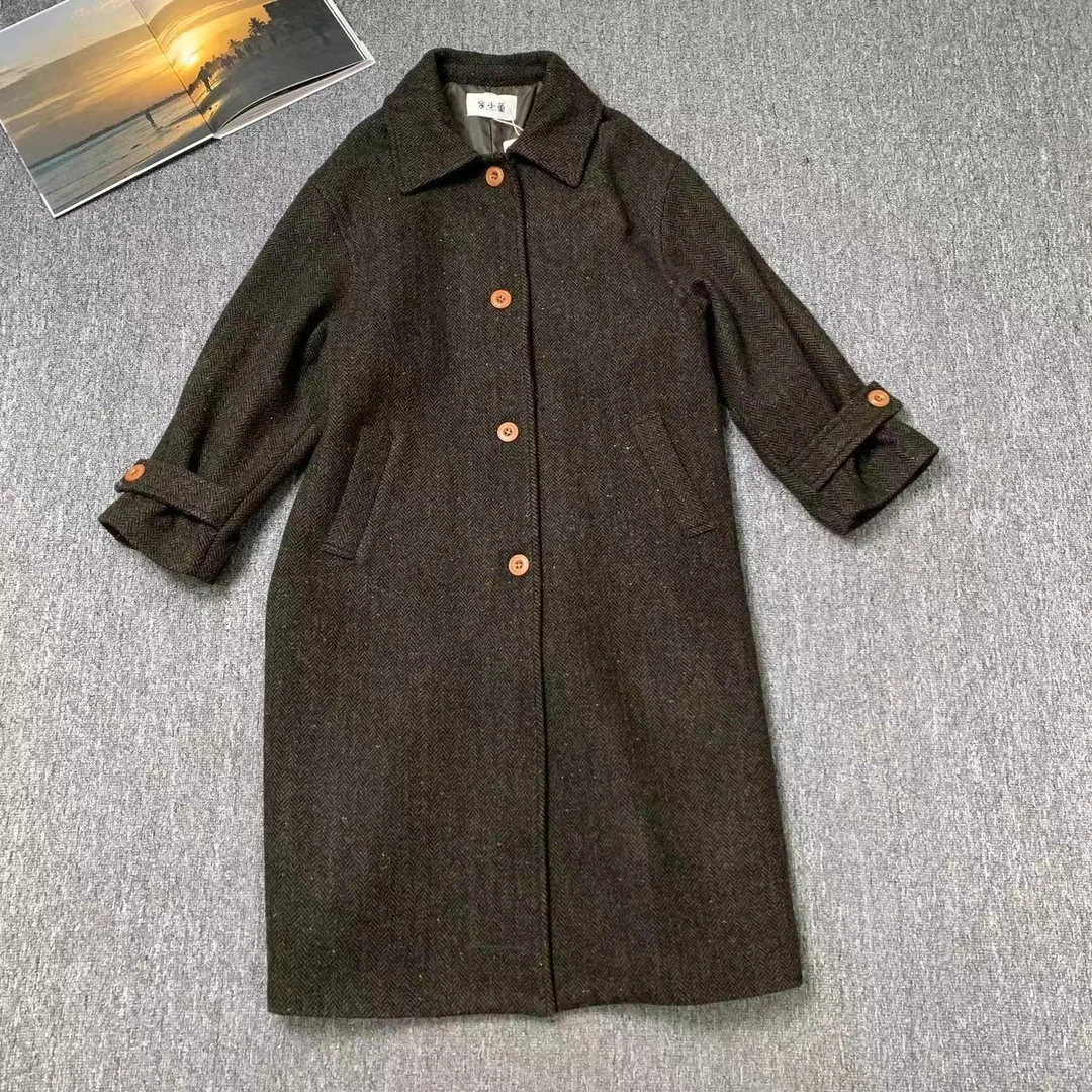 8147余小鱼 棕色人字纹单排扣韩系显瘦百搭经典大衣外套女装