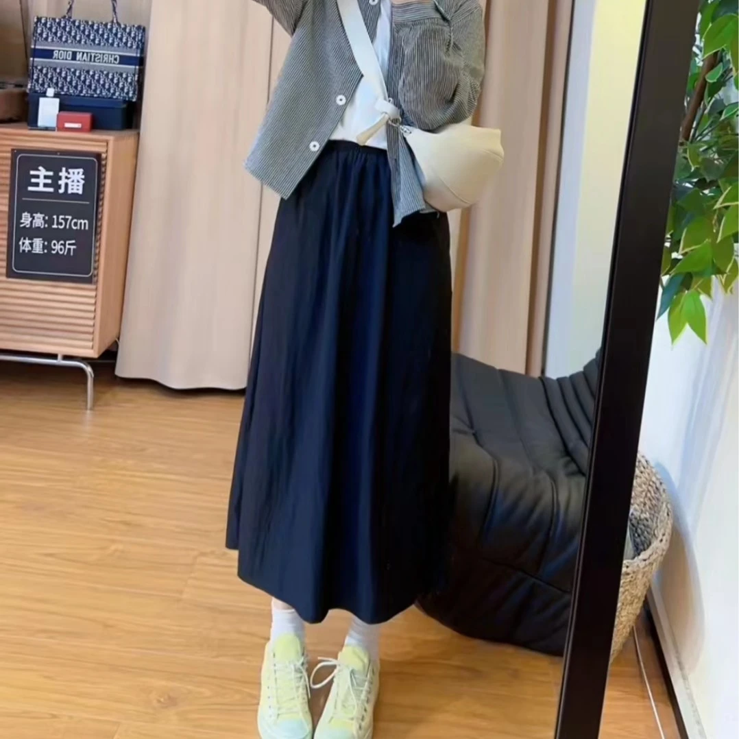 80713余小鱼 黑色松紧腰韩版百搭纯色显瘦高腰后开叉半身裙女装