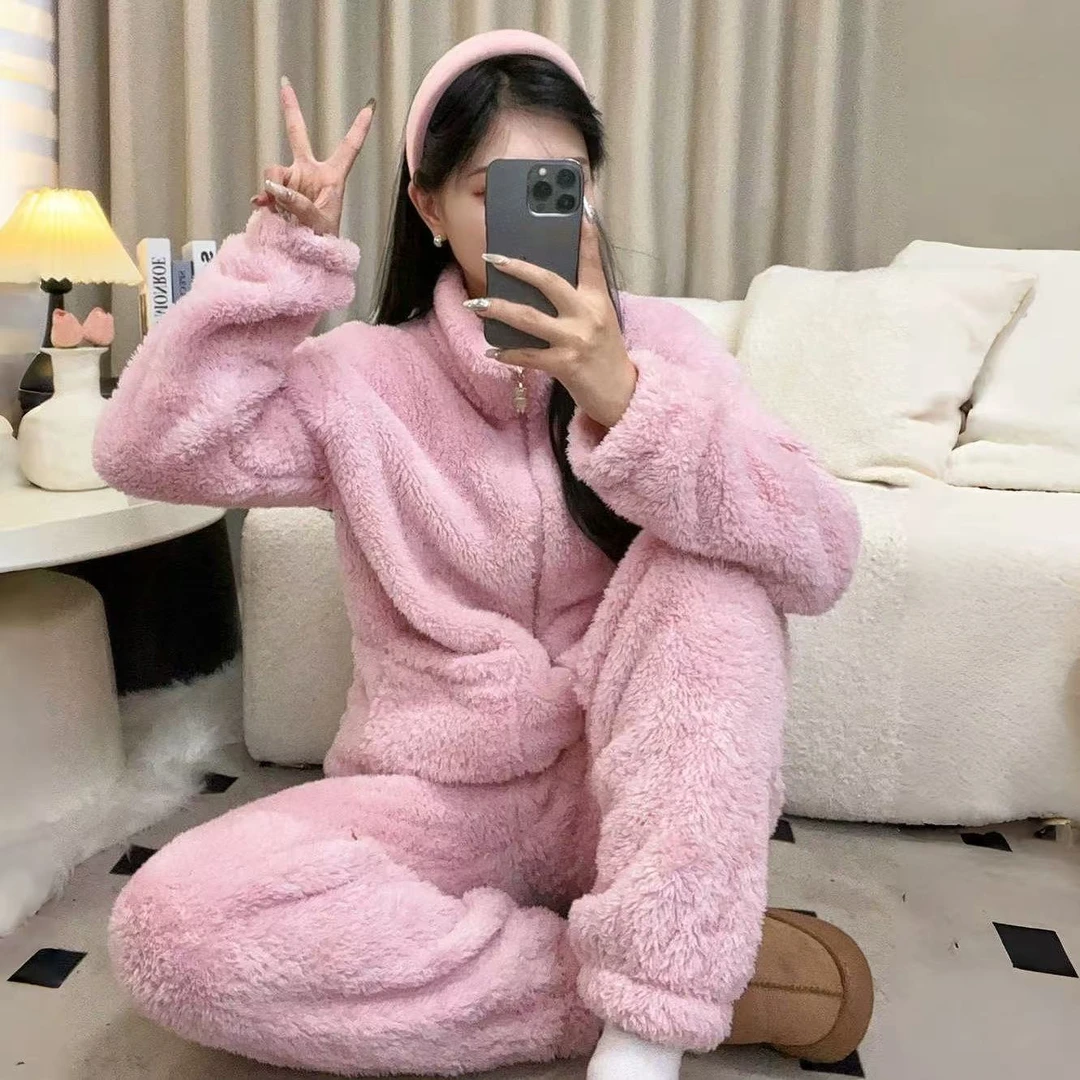 睡衣女新款秋冬款情侣款珊瑚绒加绒加厚可外穿家居服