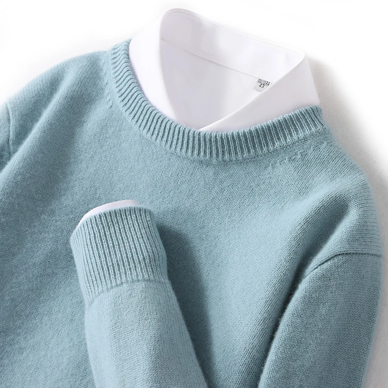 100%纯羊毛秋冬新款男士圆领商务休闲加厚纯色羊毛衫上衣