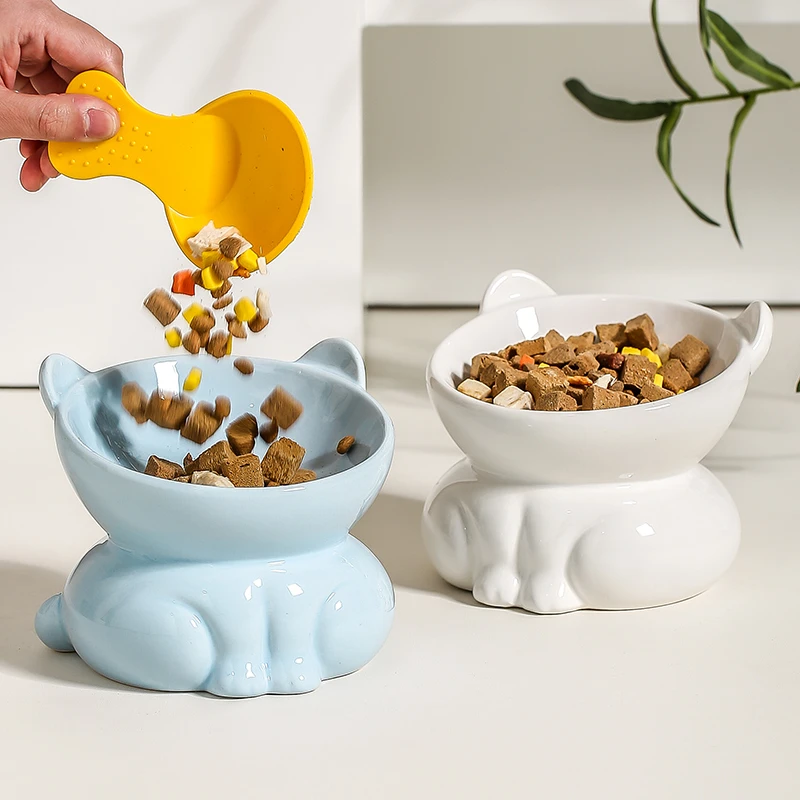猫碗陶瓷高脚可爱猫猫粮碗饭碗斜口防黑下巴猫咪水碗大容量防打翻