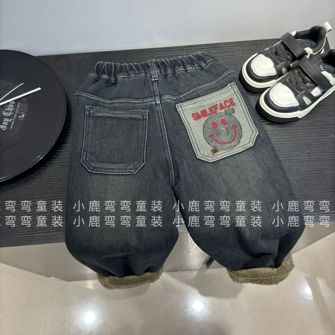 （牛牛）D1102秋冬后袋红色笑脸加厚一体绒牛仔裤