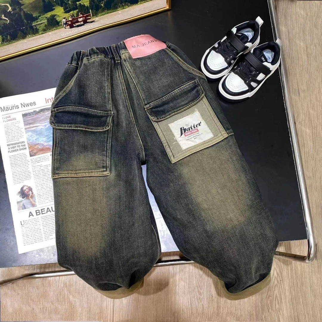 A307秋冬新款后标弧形牛仔裤儿童加厚一体绒牛仔长裤