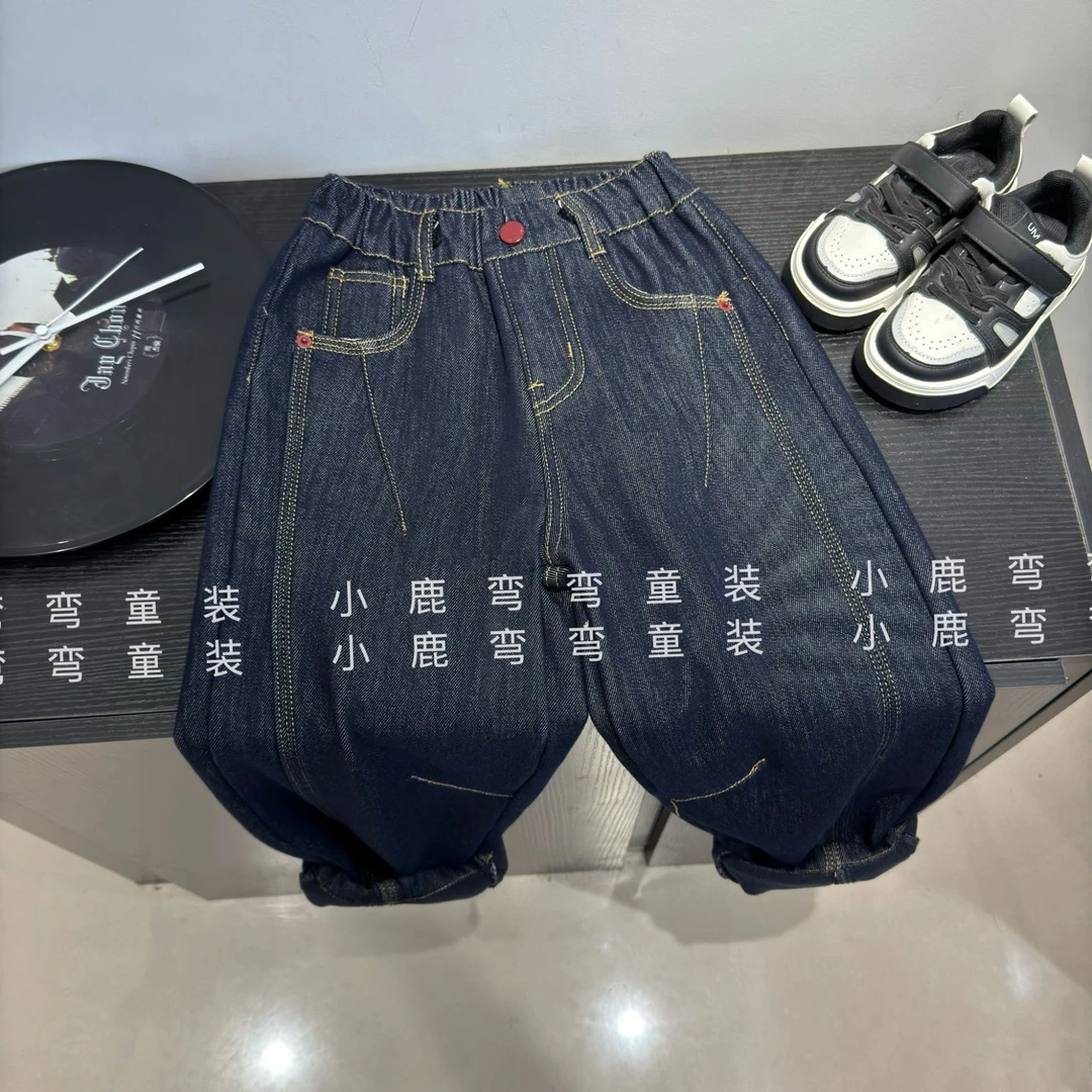 D700秋冬儿童新款后腰红标一体绒牛仔裤