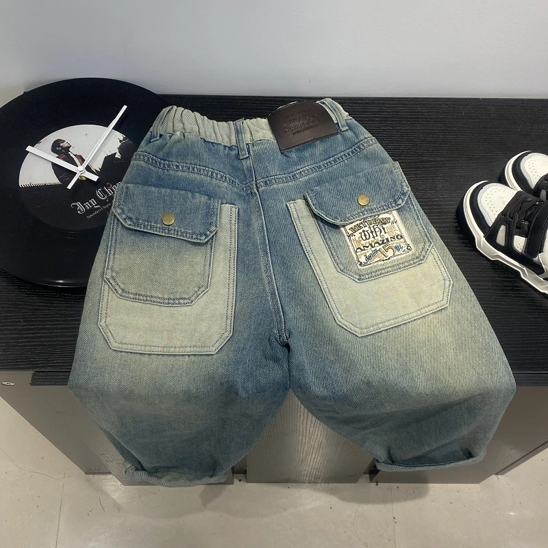 C999春秋儿童新款后袋希腊字母牛仔裤