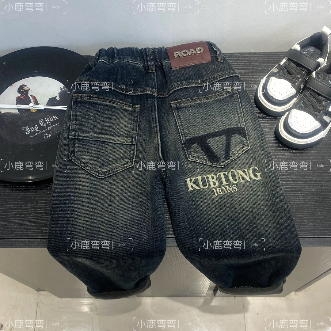 Q375秋冬儿童新款后袋字母V一体绒牛仔长裤
