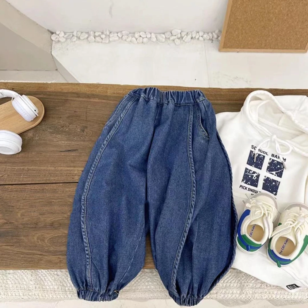 A802秋季洋气韩版休闲裤儿童新款束脚分割线牛仔长裤