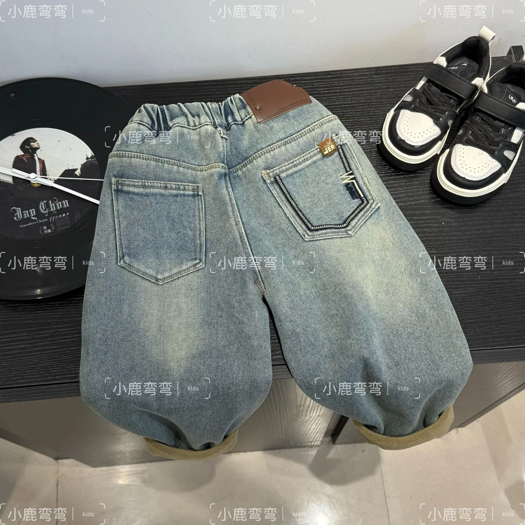 Q501秋冬儿童新款后袋JER一体绒牛仔裤
