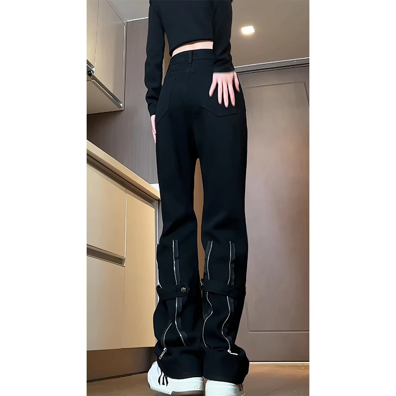 美式高街vibe拉链微喇牛仔裤男款春秋高级感痞帅修身直筒工装裤子