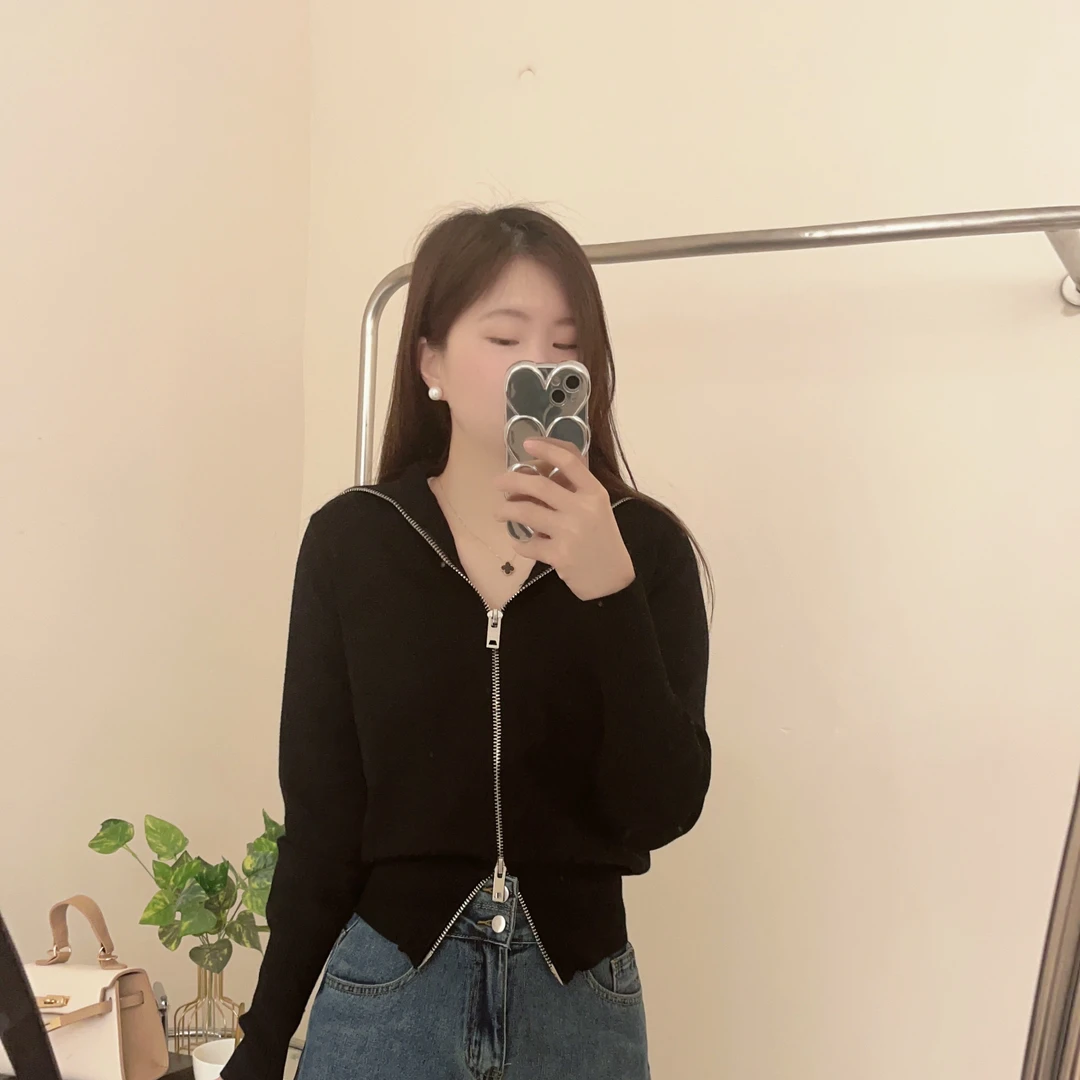 D家翻领拉链毛衣开衫女2023秋季新款设计感短款针织衫外套显瘦