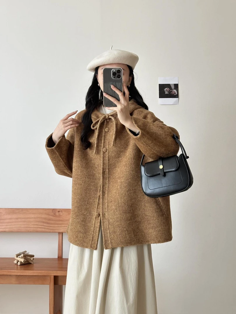2024新款韩国设计感抽绳蝴蝶结短款宽松连帽双面羊毛呢子大衣外套