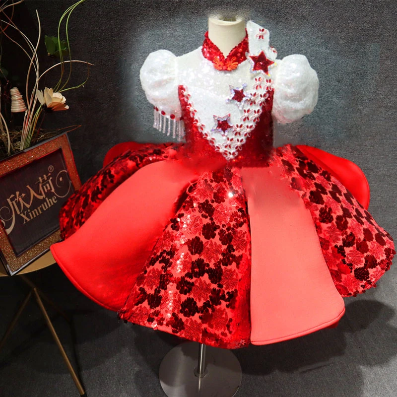 儿童大红色星星主持礼服演出服新年走秀合唱歌团体独乐器中国风