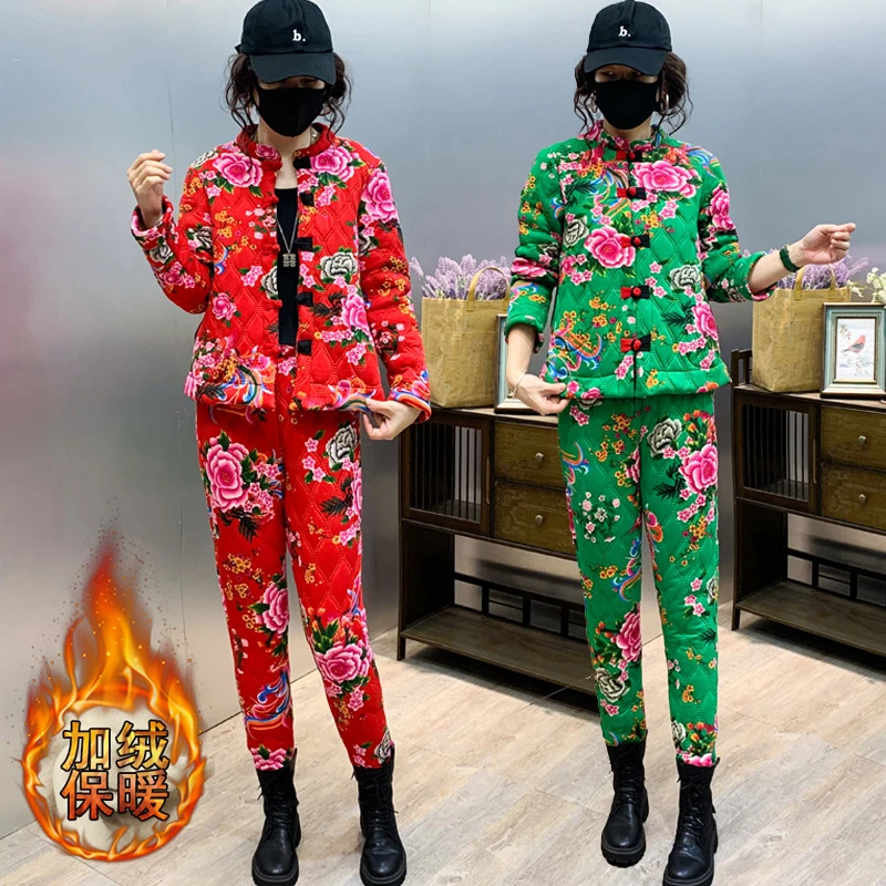 东北大花袄大棉袄女冬加厚民族风碎花棉服时尚棉衣棉裤套装女外穿