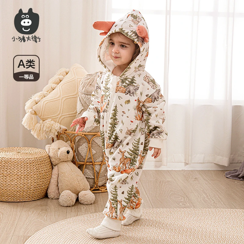 小猪宝宝婴儿复合绒对开造型连体外出秋冬连帽加绒婴童保暖女宝