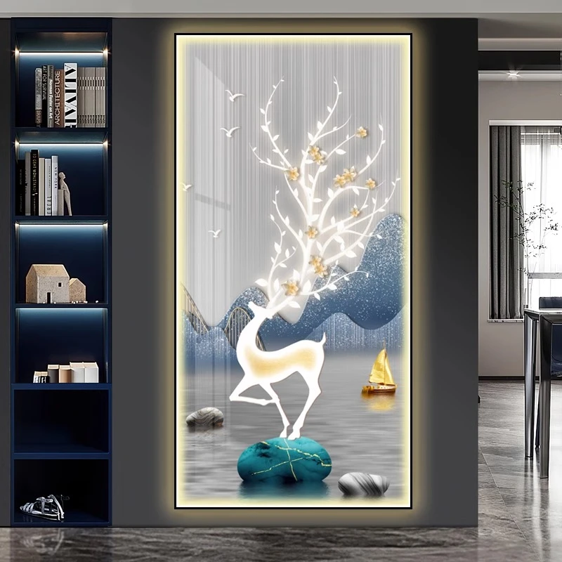 现代轻奢玄关装饰画竖版发财麋鹿led灯壁画高级感入户正对门挂画