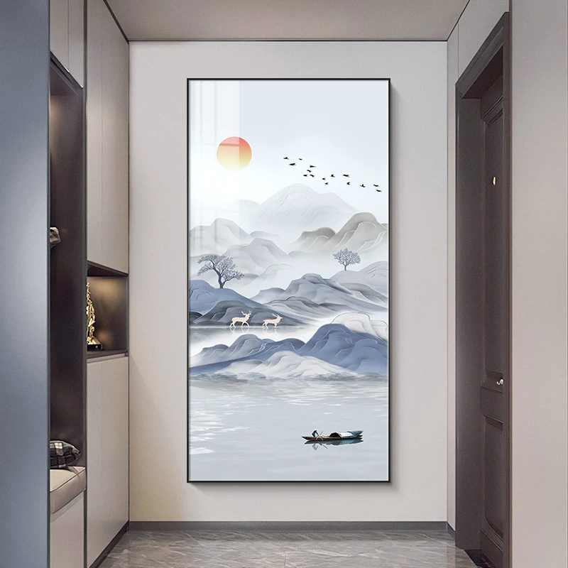 旭日东升玄关装饰画现代简约山水走廊尽头壁画入户正对门过道挂画