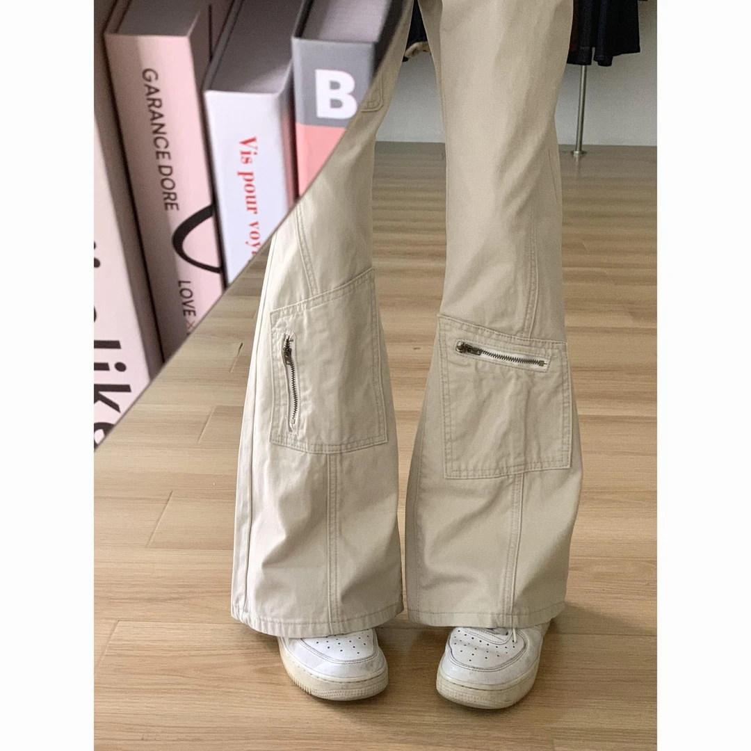 设计感美式工装微喇牛仔裤女春季新款街头显瘦多口袋不贴腿阔腿裤