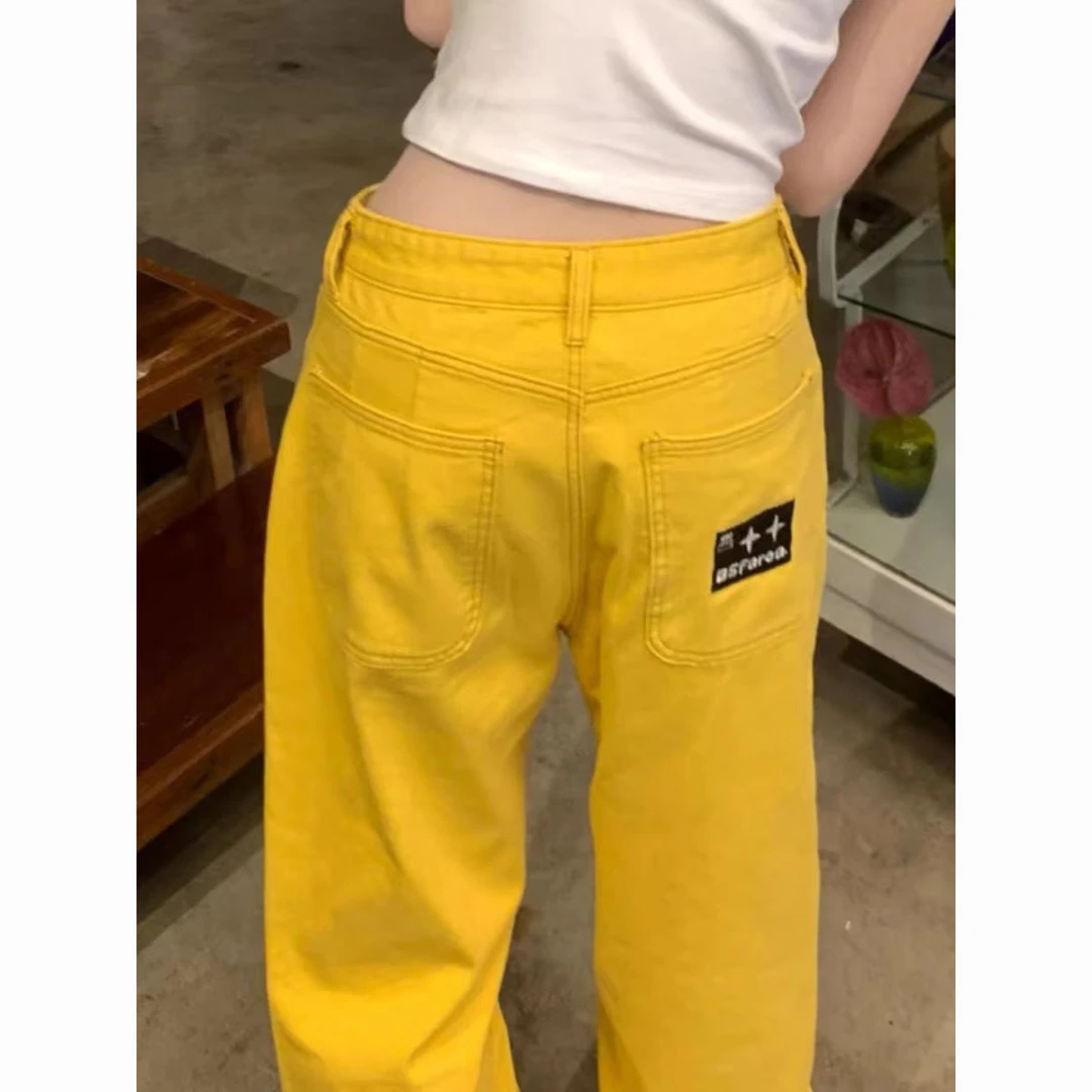 设计感彩色刺绣牛仔裤女装夏季新款美式窄版直筒阔腿黄色长裤2344