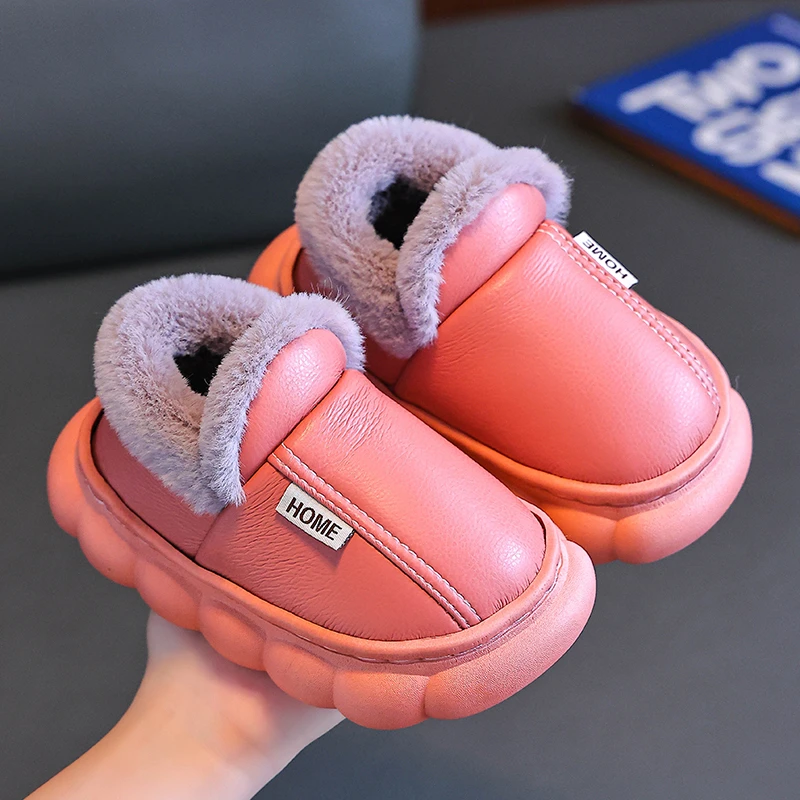 儿童棉鞋2024新款冬季男女童室内皮面防水小孩保暖亲子包跟棉拖鞋