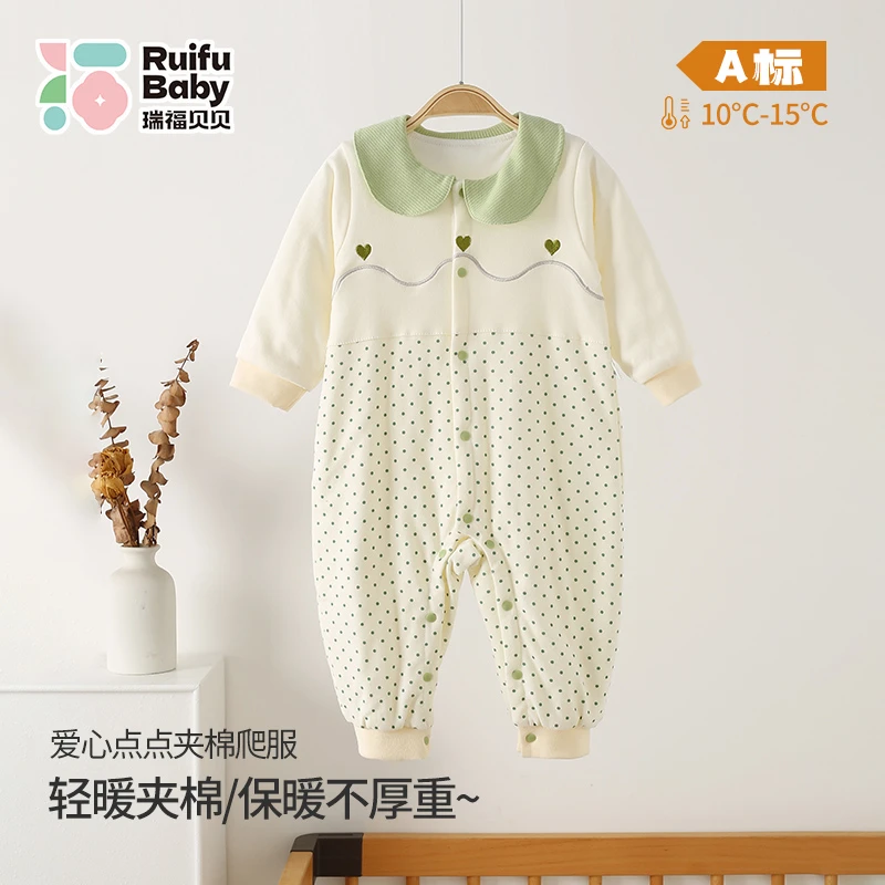 瑞福贝贝秋季主推纯棉A类亲肤爬服爱心点点哈衣连体婴儿秋季衣服