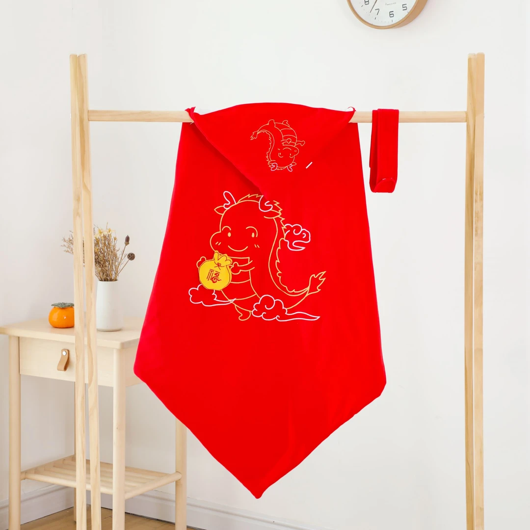 瑞福贝贝秋冬季喜庆中国风红色新生儿宝宝加厚外出带帽包裹襁褓被