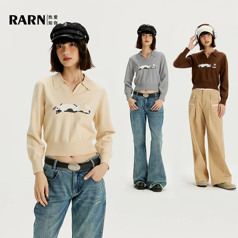 【小石榴专属】RARN/热爱如你小猫咪秋冬针织长袖翻领毛衣