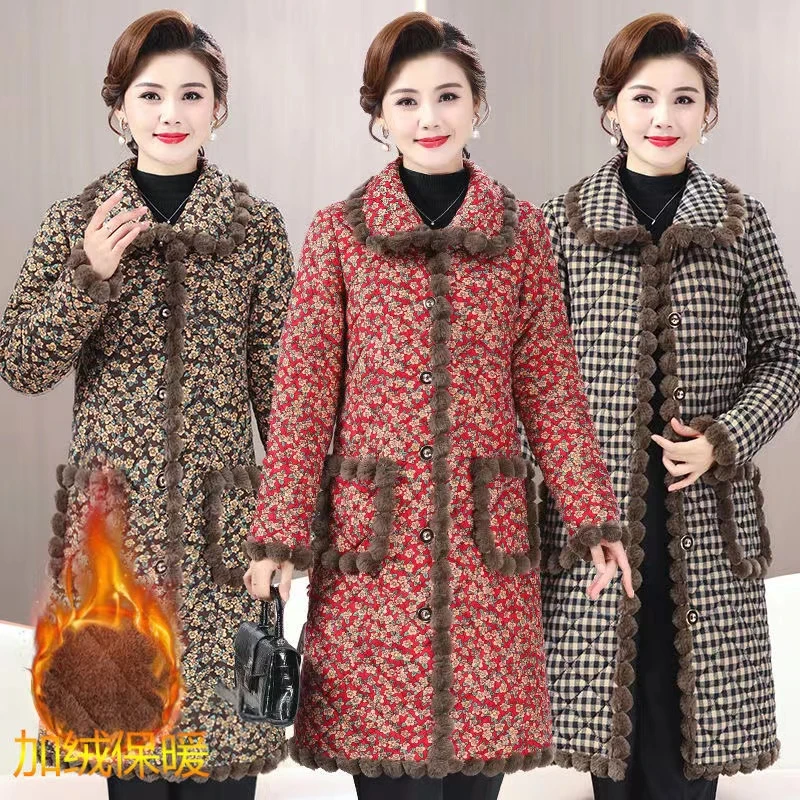 冬季新款 洋气妈妈中长款碎花保暖民族风加绒加厚棉袄