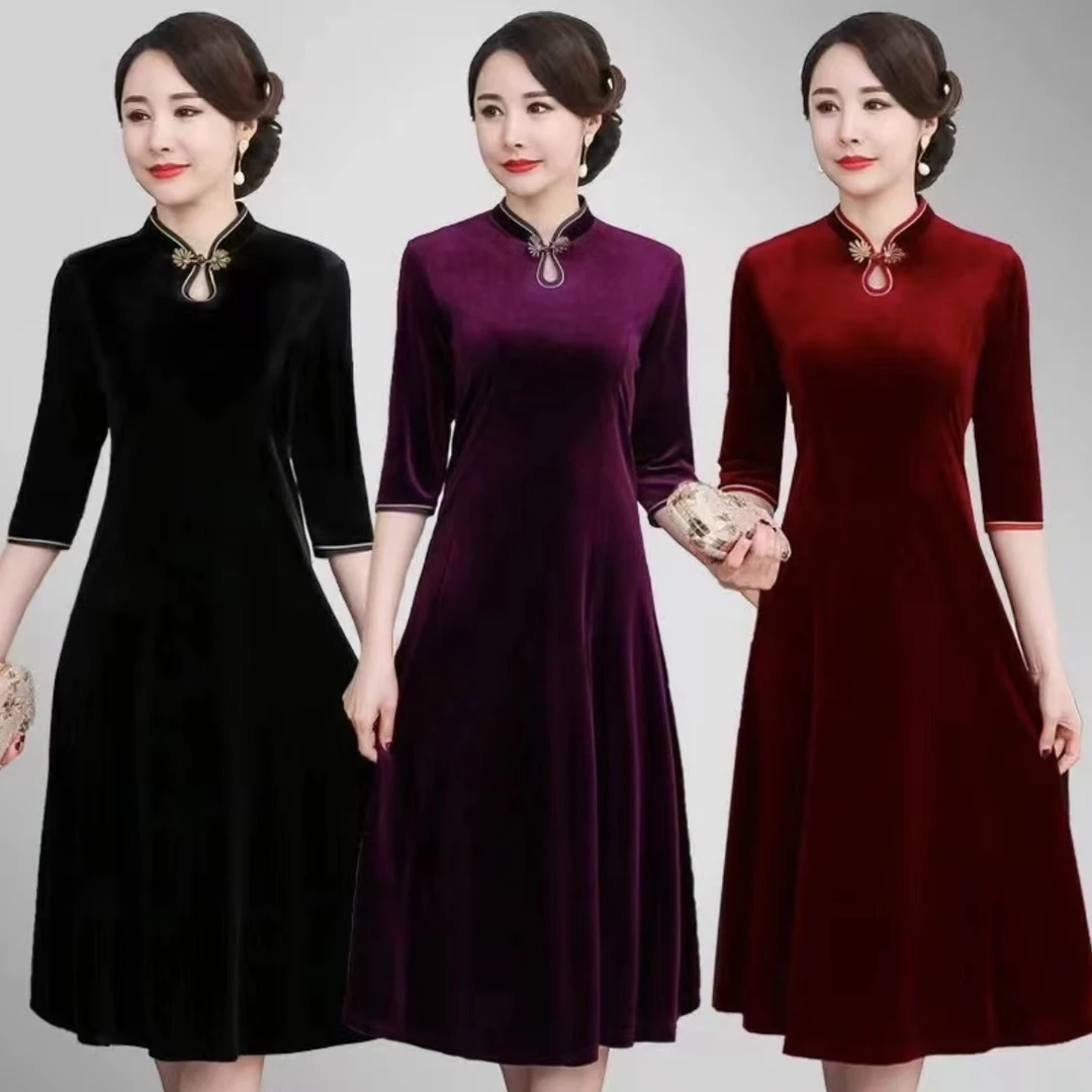 新款中高端妈妈日常新中式改良旗袍连衣裙七分袖丝绒秋