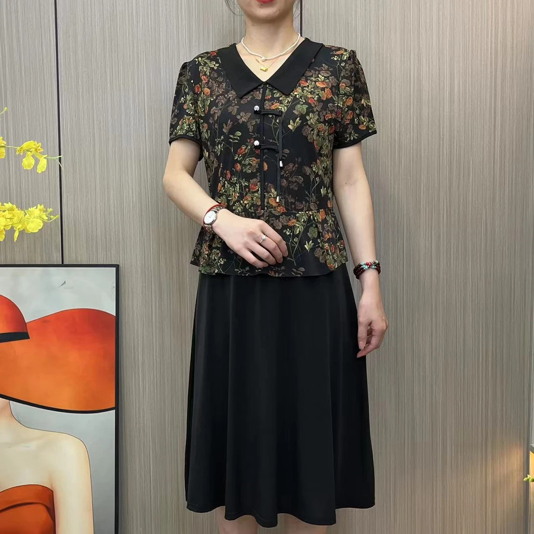夏季新款 高档洋气妈妈遮肚显瘦中式小方领碎花连衣群母亲节礼物