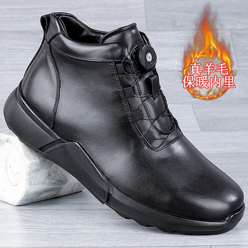 真皮高帮鞋加绒保暖棉鞋头层牛皮旋钮套脚皮毛一体冬季男鞋雪地靴