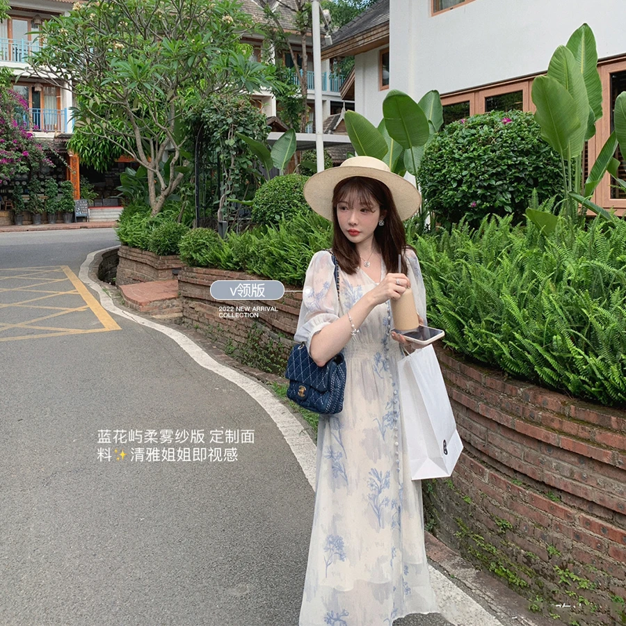 金蘑菇菇【蓝花屿系列】美哭原创油画印花小清新法式温柔风连衣裙