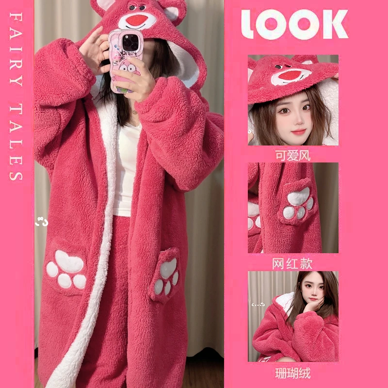 双层草莓熊珊瑚绒睡衣加厚加绒2025年爆款女家居服套装网红宽松