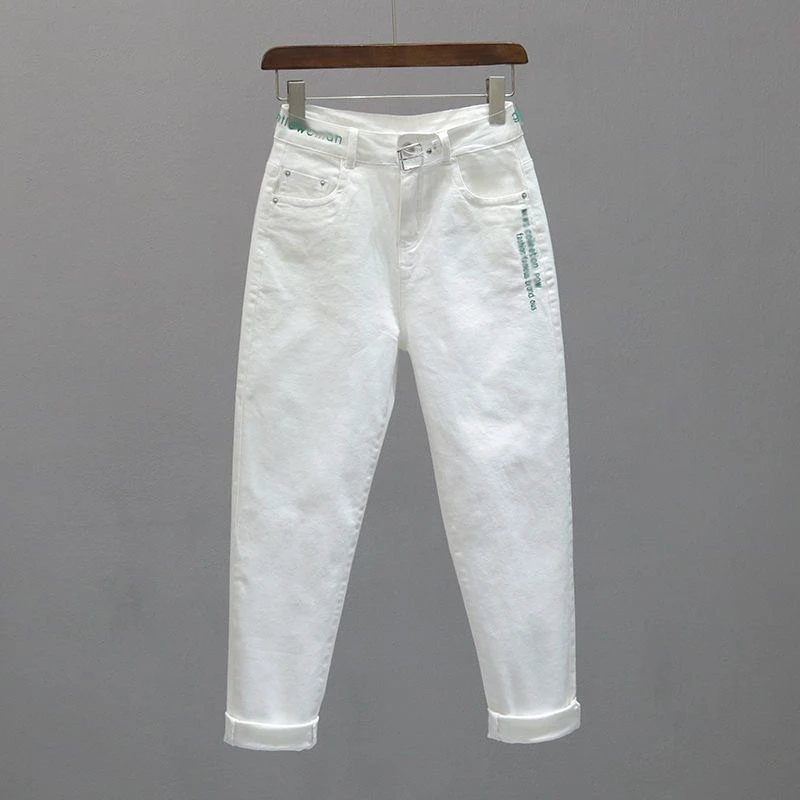 欧货白色牛仔裤女高腰宽松显瘦弹力大码哈伦裤刺绣女士萝卜九分裤