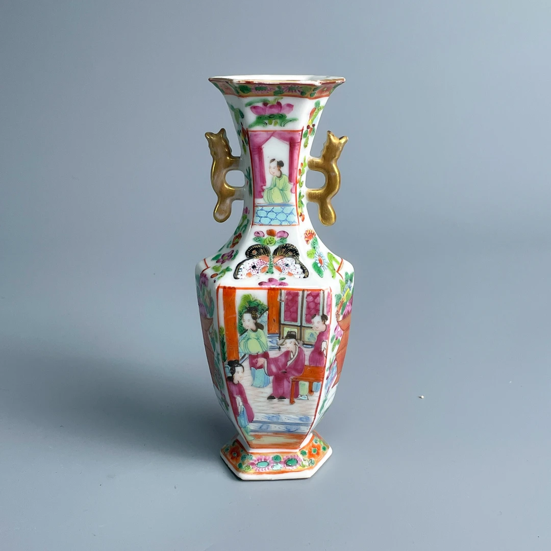 瓷器/古董光绪广彩人物双耳瓶M2XKI000A19古玩/收藏/文物/绣花张