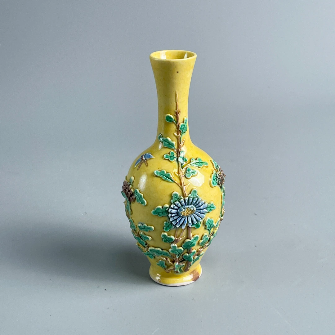 瓷器/古董民国三彩花卉长颈瓶M2XLF001A86古玩/收藏/文物/绣花张