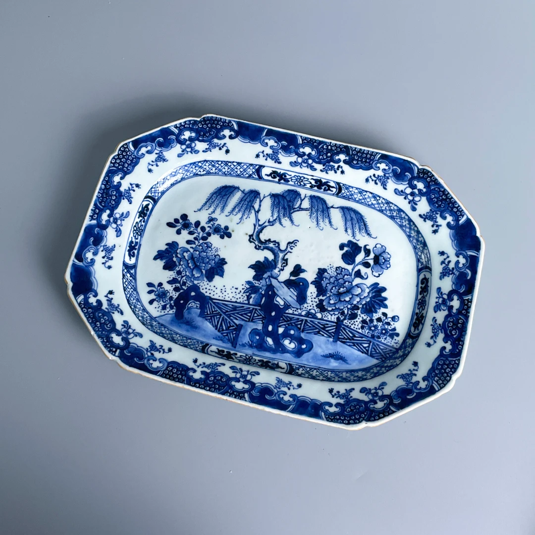 瓷器/古董清乾隆青花花卉依柳长方盘M2XJ800A878收藏/文物/绣花张