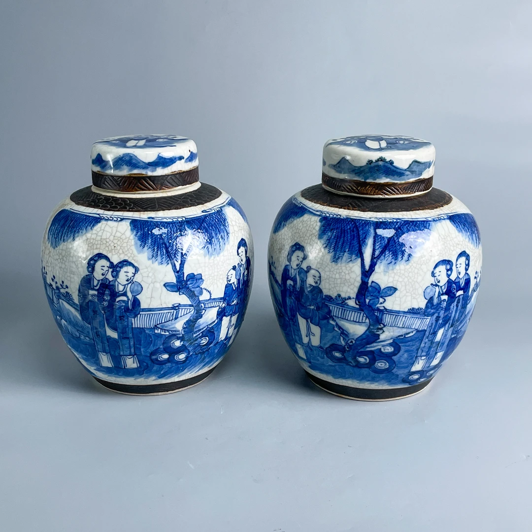 瓷器/古董清哥釉青花人物纹盖罐一对M2XJH001099收藏/文物/绣花张