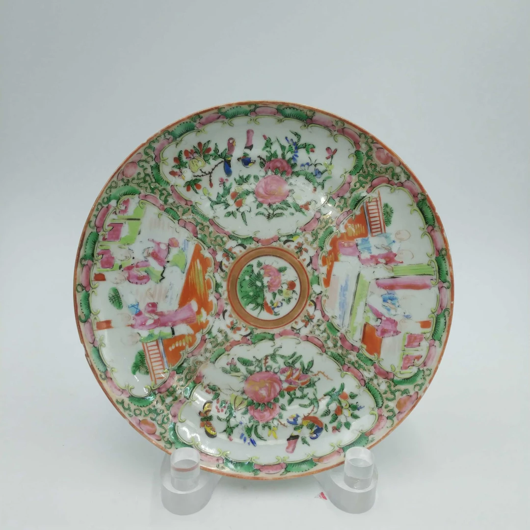 古董广彩人物故事花卉纹盘（盘沿磕）清晚期M23LA001196古玩/绣花张