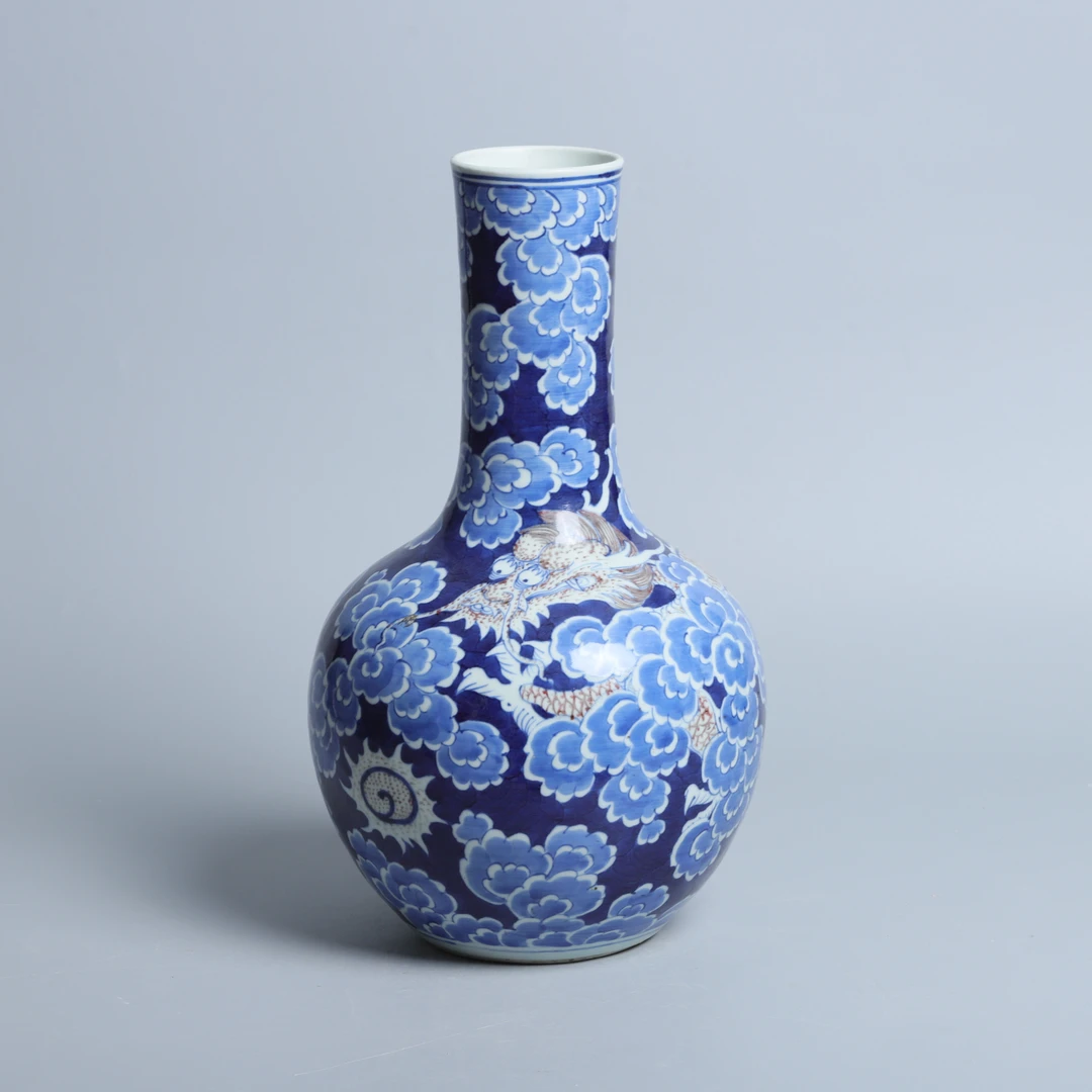 尾款3w，清光绪 青花釉里红云龙九现天球瓶（底部惊纹）M23KW072C89