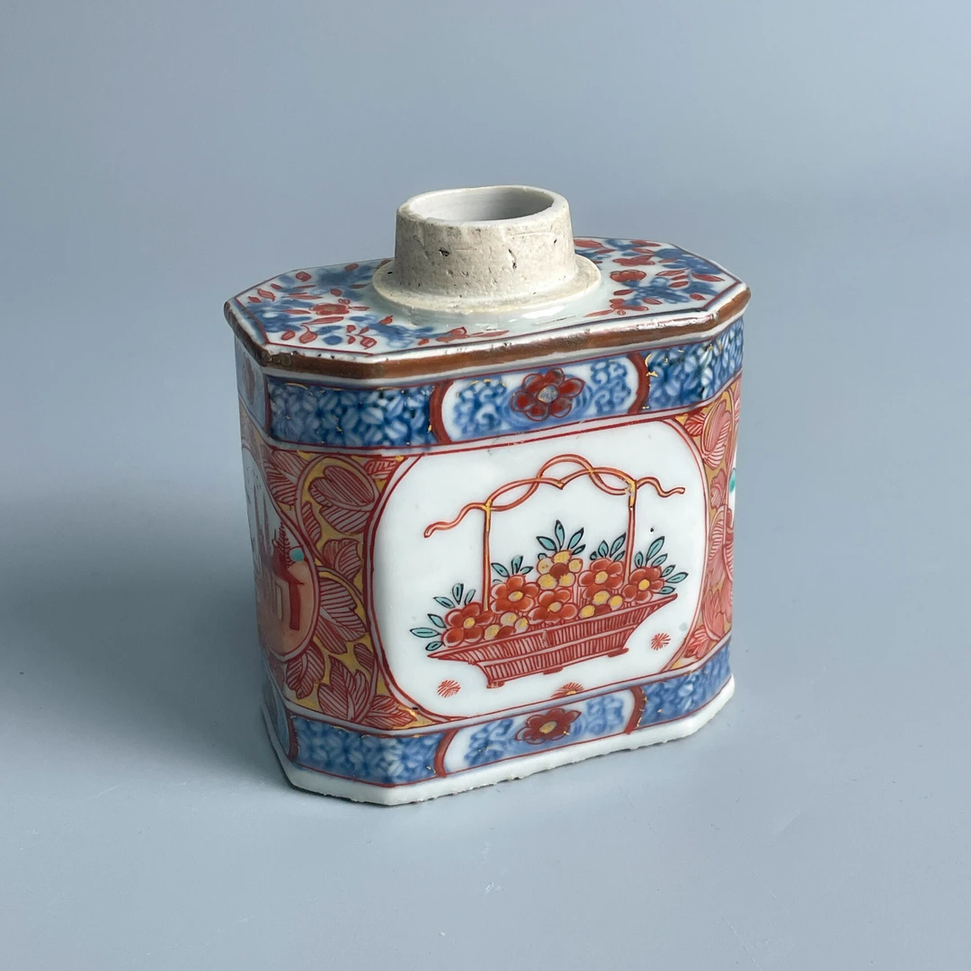 清康熙青花矾红描金山水花卉纹茶叶罐-M2XKH003809