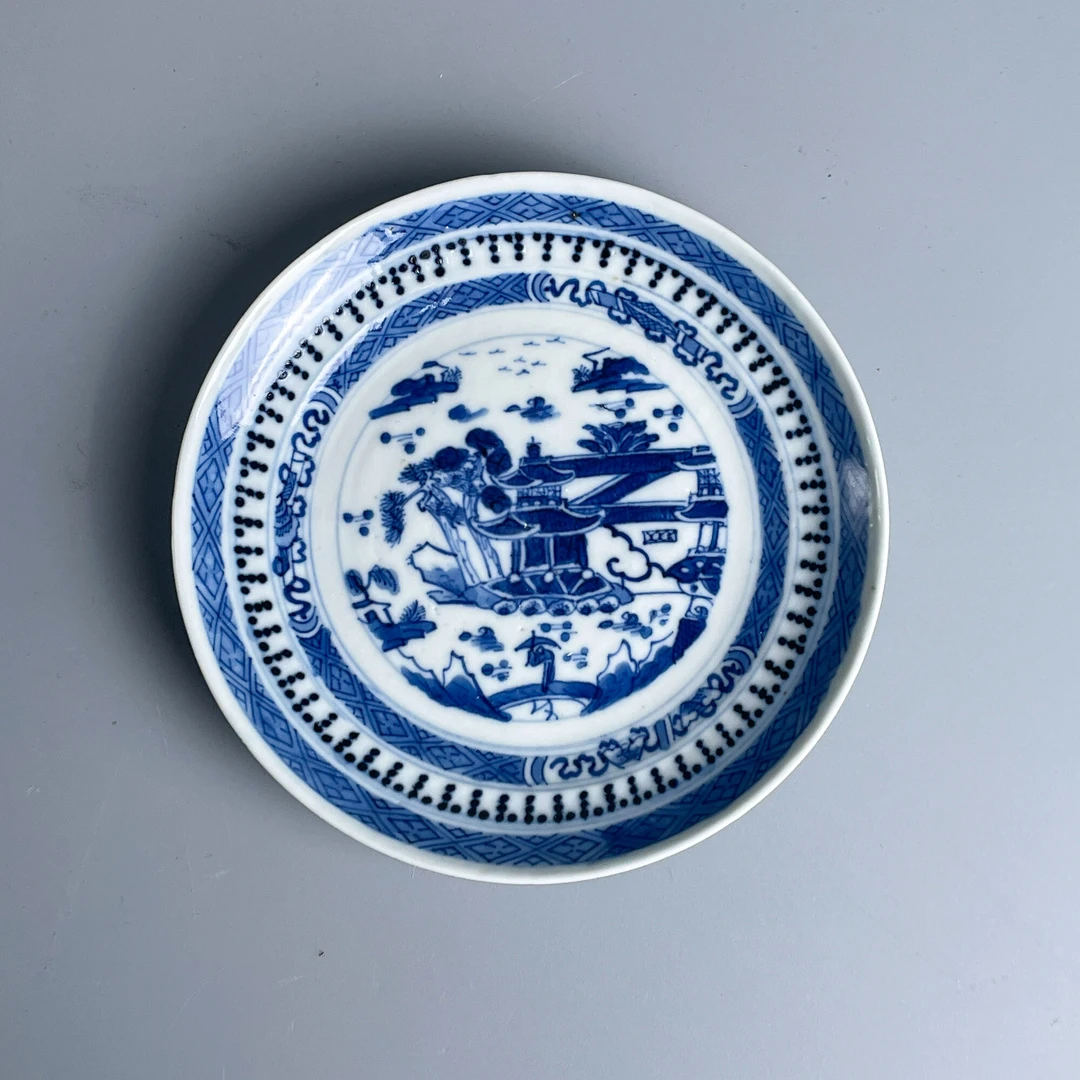 瓷器/古董清中期青花亭阁山水小盘-M2XKO007258/收藏/文物/绣花张