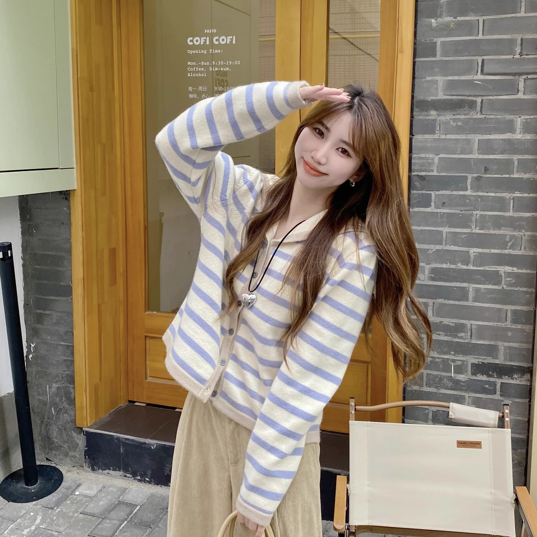 Berry 喜你而欢大庞雅丹 海军领条纹毛衣女秋冬V领学院风开衫外套