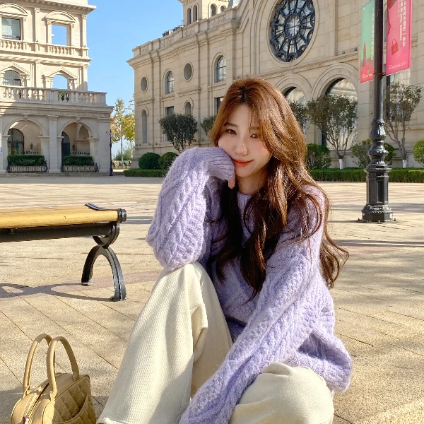 Berry 喜你而欢大庞雅丹 紫色慵懒麻花套头毛衣温柔宽松圆领上衣