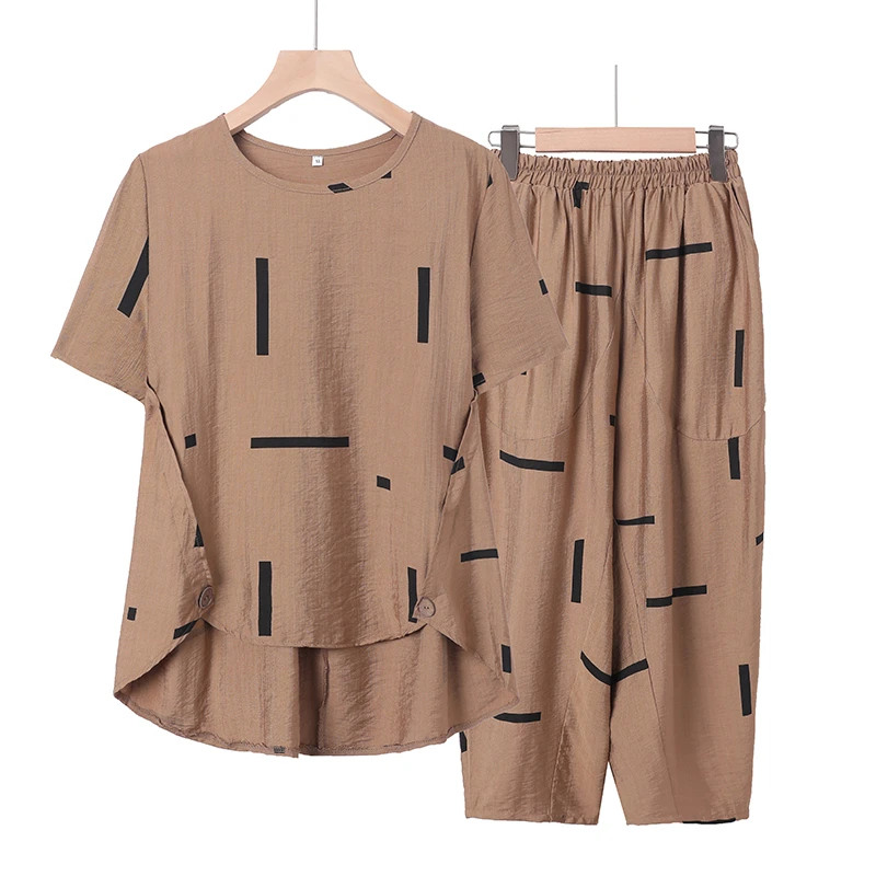 2024新款夏装天丝棉麻套装女妈妈装中老年短袖中年女士休闲两件套