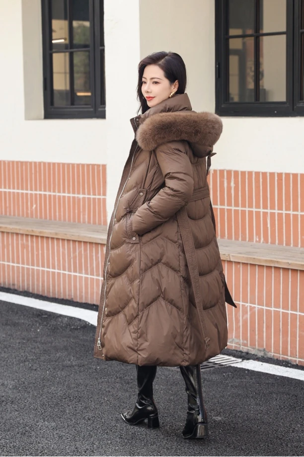 大毛领羽绒服腰带收腰长款女2024冬季新款鹅绒服