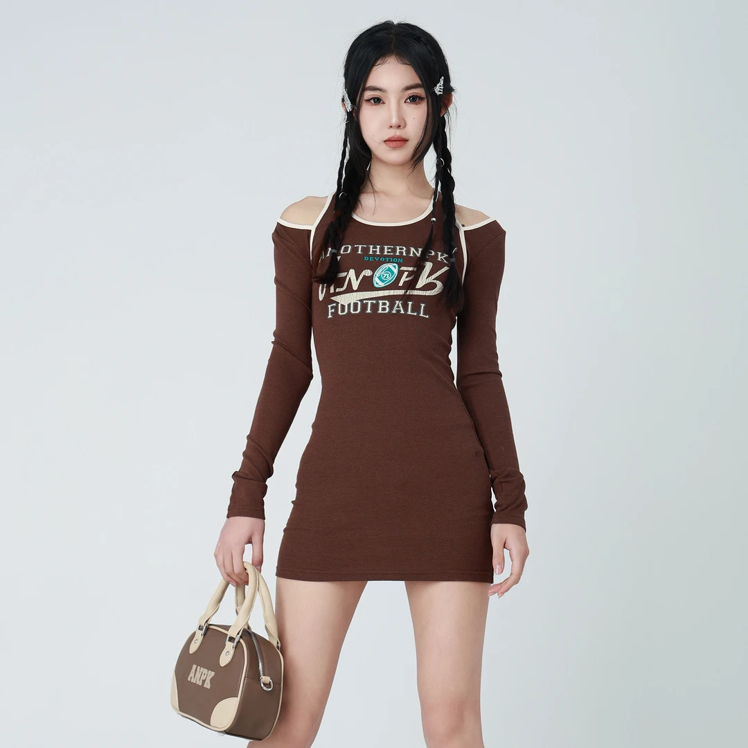 ANPK[禾子宠粉专款]辣妹性感小众撞色露肩收腰连衣裙AD314C1391