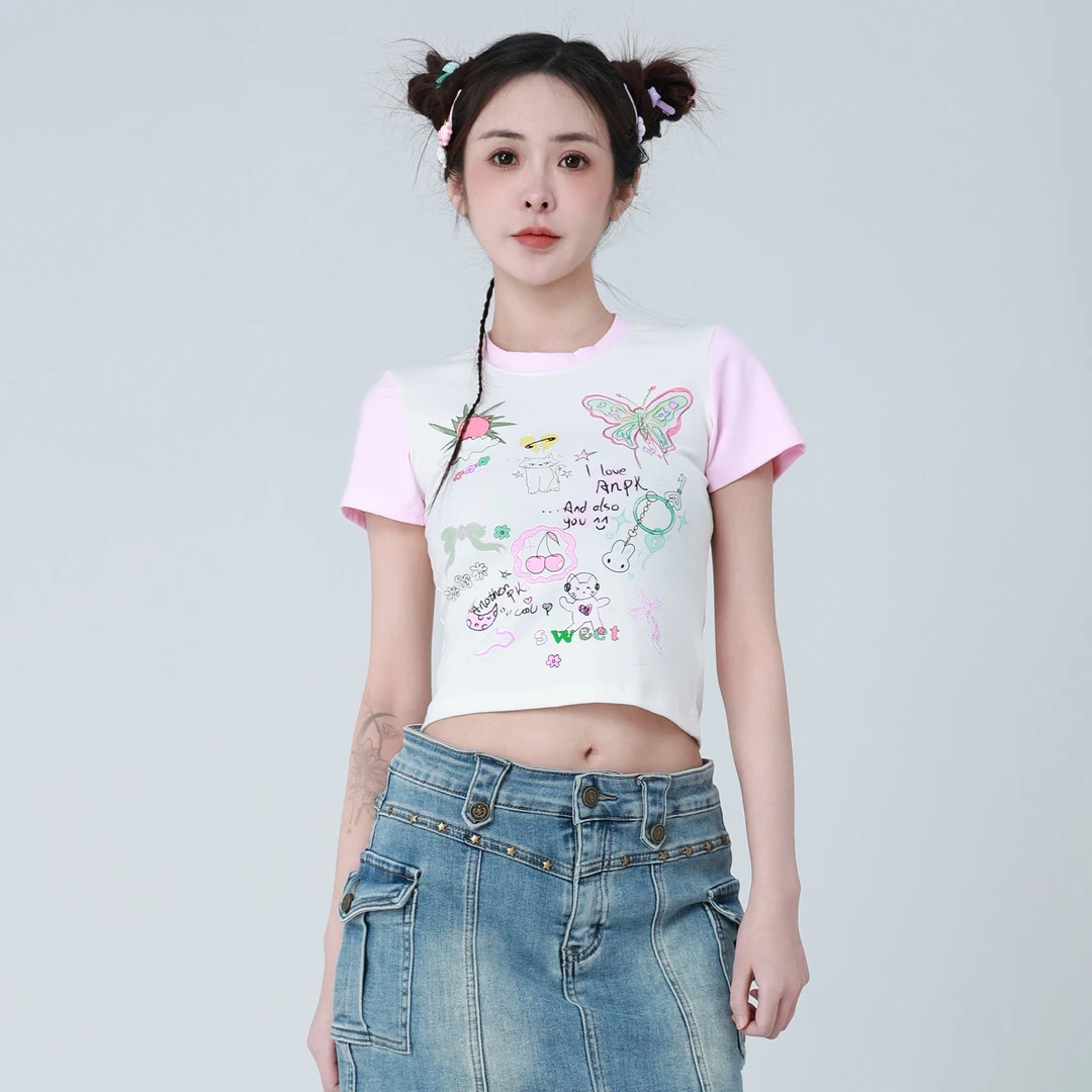 ANPK甜酷软妹撞色涂鸦印花短款短袖T恤AD121C1200